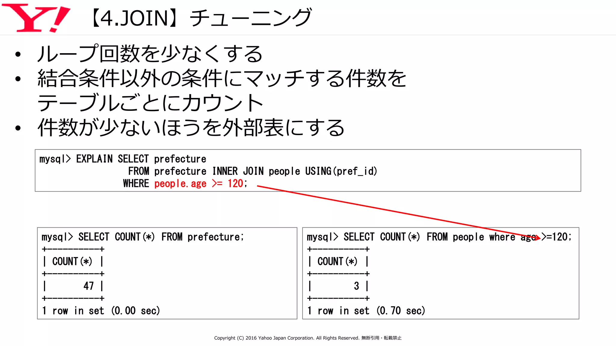 【4.JOIN】チューニング
• ループ回数を少なくする
• 結合条件以外の条件にマッチする件数を
テーブルごとにカウント
• 件数が少ないほうを外部表にする
mysql> SELECT COUNT(*) FROM prefecture;
+----------+
| COUNT(*) |
+----------+
| 47 |
+----------+
1 row in set (0.00 sec)
mysql> SELECT COUNT(*) FROM people where age >=120;
+----------+
| COUNT(*) |
+----------+
| 3 |
+----------+
1 row in set (0.70 sec)
mysql> EXPLAIN SELECT prefecture
FROM prefecture INNER JOIN people USING(pref_id)
WHERE people.age >= 120;
Copyright (C) 2016 Yahoo Japan Corporation. All Rights Reserved. 無断引用・転載禁止
 