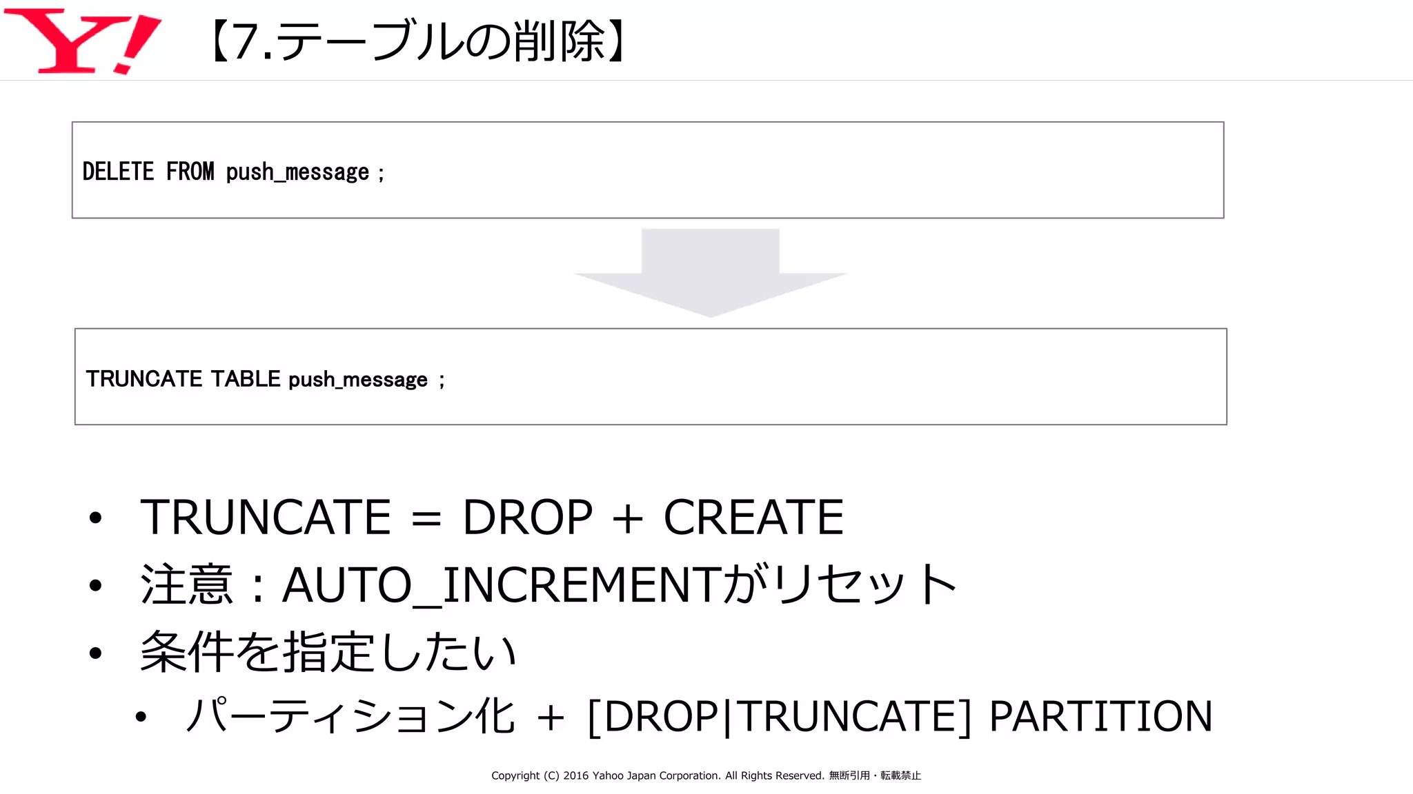 【7.テーブルの削除】
• TRUNCATE = DROP + CREATE
• 注意：AUTO_INCREMENTがリセット
• 条件を指定したい
• パーティション化 ＋ [DROP|TRUNCATE] PARTITION
DELETE FROM push_message；
TRUNCATE TABLE push_message ；
Copyright (C) 2016 Yahoo Japan Corporation. All Rights Reserved. 無断引用・転載禁止
 