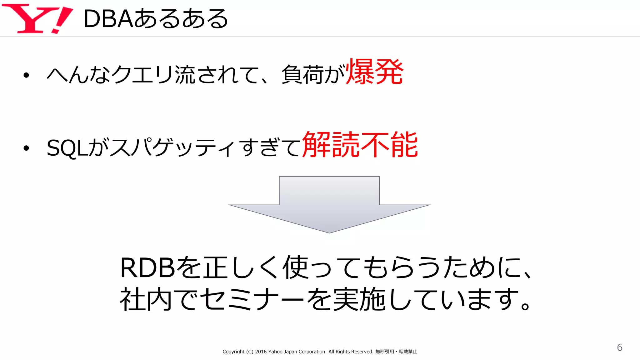 DBAあるある
• へんなクエリ流されて、負荷が爆発
• SQLがスパゲッティすぎて解読不能
Copyright (C) 2016 Yahoo Japan Corporation. All Rights Reserved. 無断引用・転載禁止
6
RDBを正しく使ってもらうために、
社内でセミナーを実施しています。
 