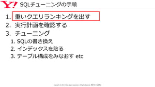 SQLチューニングの手順
1. 重いクエリランキングを出す
2. 実行計画を確認する
3. チューニング
1. SQLの書き換え
2. インデックスを貼る
3. テーブル構成をみなおす etc
Copyright (C) 2016 Yahoo Japan Corporation. All Rights Reserved. 無断引用・転載禁止
 