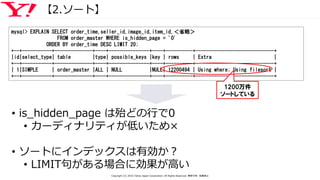 【2.ソート】
mysql> EXPLAIN SELECT order_time,seller_id,image_id,item_id,＜省略＞
FROM order_master WHERE is_hidden_page = '0'
ORDER BY order_time DESC LIMIT 20;
+--+-----------+--------------+----+---------------+----+----------+-----------------------------+
|id|select_type| table |type| possible_keys |key | rows | Extra |
+--+-----------+--------------+----+---------------+----+----------+-----------------------------+
| 1|SIMPLE | order_master |ALL | NULL |NULL| 12200494 | Using where; Using filesort |
+--+-----------+--------------+----+---------------+----+----------+-----------------------------+
• is_hidden_page は殆どの行で0
• カーディナリティが低いため×
• ソートにインデックスは有効か？
• LIMIT句がある場合に効果が高い
1200万件
ソートしている
Copyright (C) 2016 Yahoo Japan Corporation. All Rights Reserved. 無断引用・転載禁止
 