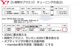 【3.相関サブクエリ】 チューニング方法(2)
mysql> EXPLAIN SELECT team_name
FROM team JOIN member USING(team_id)
WHERE member.skill IN ("C");
+----+-------------+--------+--------+---------------+-----------+---------------------+------+
| id | select_type | table | type | possible_keys | key | ref | rows |
+----+-------------+--------+--------+---------------+-----------+---------------------+------+
| 1 | SIMPLE | member | ref | idx_skill | idx_skill | const | 1 |
| 1 | SIMPLE | team | eq_ref | PRIMARY | PRIMARY | test.member.team_id | 1 |
+----+-------------+--------+--------+---------------+-----------+---------------------+------+
member表を先に読む
• JOINに書き換える
• 相関サブクエリ、だいたいJOINで書き直せる
• オプティマイザが親子を自動判断
• member表を外部表（駆動表）にする
+----+--------------------+--------+------+---------------+-----------+省略+------+-------------+
| id | select_type | table | type | possible_keys | key | | rows | Extra |
+----+--------------------+--------+------+---------------+-----------+省略+------+-------------+
| 1 | PRIMARY | team | ALL | NULL | NULL | | 3 | Using where |
| 2 | DEPENDENT SUBQUERY | member | ref | idx_skill | idx_skill | | 1 | Using where |
+----+--------------------+--------+------+---------------+-----------+省略+------+-------------+
 