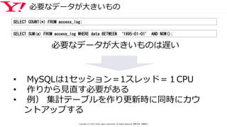 必要なデータが大きいもの
SELECT COUNT(*) FROM access_log;
SELECT SUM(a) FROM access_log WHERE data BETWEEN ‘1995-01-01’ AND NOW();
必要なデータが大きいものは遅い
• MySQLは1セッション＝1スレッド＝１CPU
• 作りから見直す必要がある
• 例） 集計テーブルを作り更新時に同時にカウ
ントアップする
Copyright (C) 2016 Yahoo Japan Corporation. All Rights Reserved. 無断引用・転載禁止
 