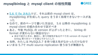 ● 5.6 で fix されたけど、それ以前の mysql client は、
mysqlbinlog が生成した query をうまく処理できないケースがあ
った
● なので、前のページで書いた方法は、 5.6 以降の mysqlbinlog と
mysql client の組み合わせで試すべき
● あと、今後 MySQL の version が上がったときに、 binlog の
format が変わらない保証はない
● 自分で試すときは、最初に、使う可能性があるすべての version の mysql で
binlog 周りのコードを読んでからにした
● 当時、わたしは MySQL5.7 を待つ堪え性がなかっただけなので
● いまは 5.7で multi source replication 使うほうが無難かも
mysqlbinlog と mysql client の相性問題
 