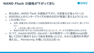 Copyright © GREE, Inc. All Rights Reserved.
● 時は流れ、NAND Flash の価格が下がり、大容量化が進んでいった
● 800GB以上のエンタープライズ仕様のSSDが普通に買えるようになった
● これは使いたい
● 当時、容量大きいSSD使ってる他社事例それほど多くは聞かなかったので、使ってやり
たい
● いまは珍しく無いと思いますけど
● 他社が活用できてないものを活用することによって、サービスの競争力を向上させる
● かつて、masterはHDD、slaveは一台の物理サーバに複数mysqld起
動してSSDで集約するという他社事例あったけど、それだと運用の手間が
増えるし、 Monitoring が難しくなるなと思った
NAND Flash の価格が下がってきた
 