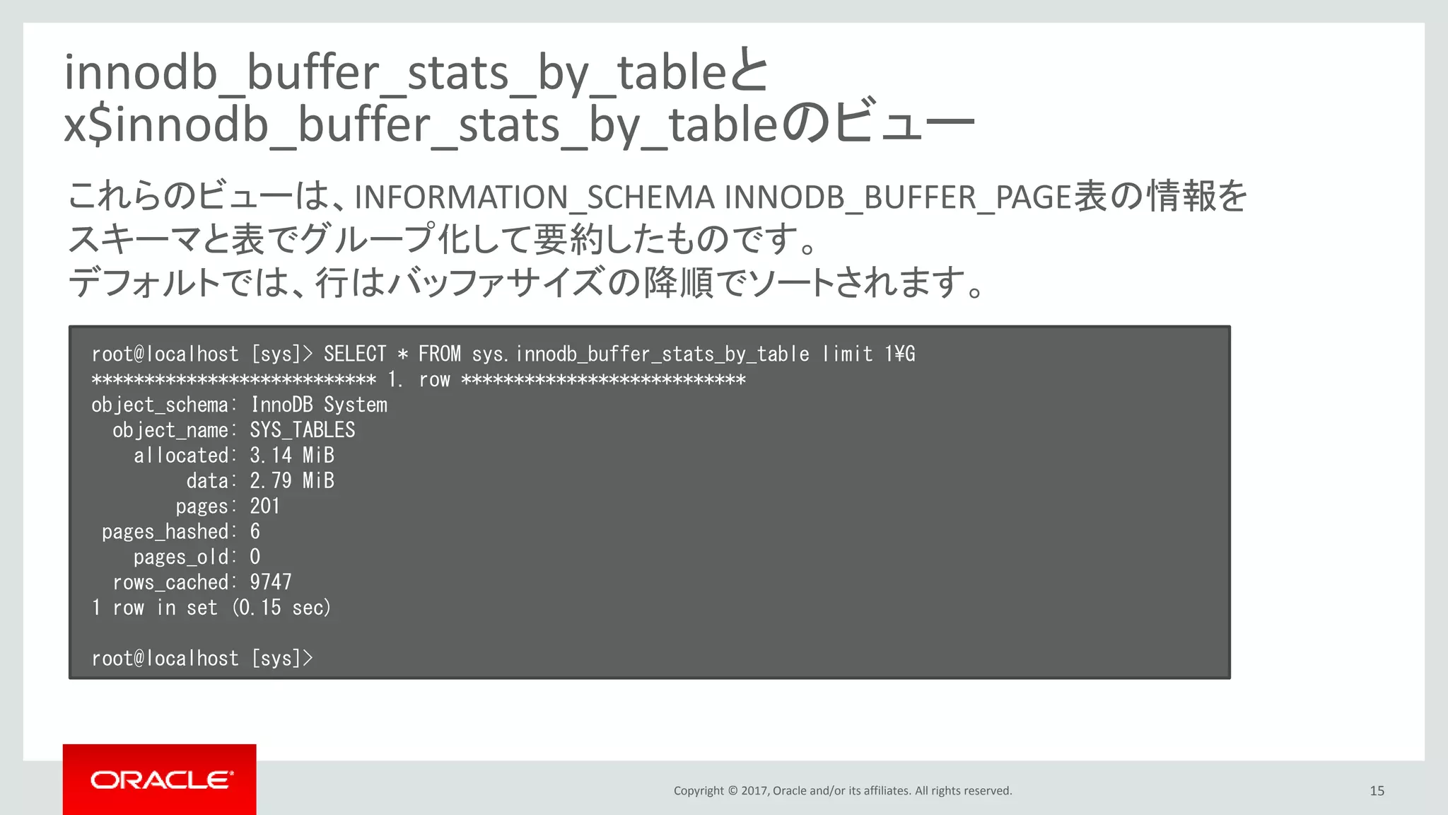 Copyright © 2017, Oracle and/or its affiliates. All rights reserved. 15
innodb_buffer_stats_by_tableと
x$innodb_buffer_stats_by_tableのビュー
root@localhost [sys]> SELECT * FROM sys.innodb_buffer_stats_by_table limit 1¥G
*************************** 1. row ***************************
object_schema: InnoDB System
object_name: SYS_TABLES
allocated: 3.14 MiB
data: 2.79 MiB
pages: 201
pages_hashed: 6
pages_old: 0
rows_cached: 9747
1 row in set (0.15 sec)
root@localhost [sys]>
これらのビューは、INFORMATION_SCHEMA INNODB_BUFFER_PAGE表の情報を
スキーマと表でグループ化して要約したものです。
デフォルトでは、行はバッファサイズの降順でソートされます。
 