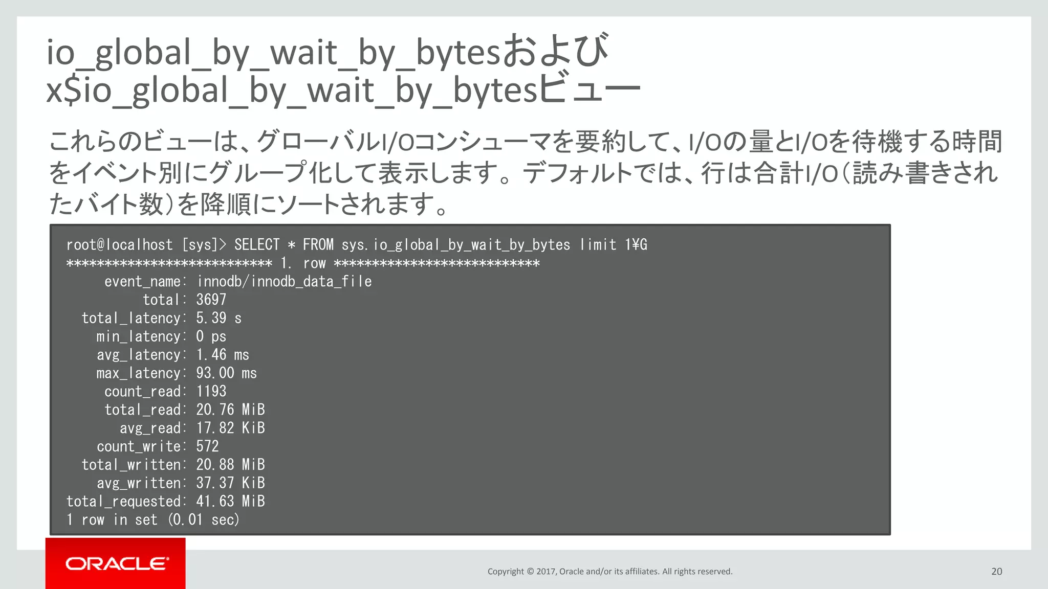 Copyright © 2017, Oracle and/or its affiliates. All rights reserved. 20
io_global_by_wait_by_bytesおよび
x$io_global_by_wait_by_bytesビュー
root@localhost [sys]> SELECT * FROM sys.io_global_by_wait_by_bytes limit 1¥G
*************************** 1. row ***************************
event_name: innodb/innodb_data_file
total: 3697
total_latency: 5.39 s
min_latency: 0 ps
avg_latency: 1.46 ms
max_latency: 93.00 ms
count_read: 1193
total_read: 20.76 MiB
avg_read: 17.82 KiB
count_write: 572
total_written: 20.88 MiB
avg_written: 37.37 KiB
total_requested: 41.63 MiB
1 row in set (0.01 sec)
これらのビューは、グローバルI/Oコンシューマを要約して、I/Oの量とI/Oを待機する時間
をイベント別にグループ化して表示します。 デフォルトでは、行は合計I/O（読み書きされ
たバイト数）を降順にソートされます。
 
