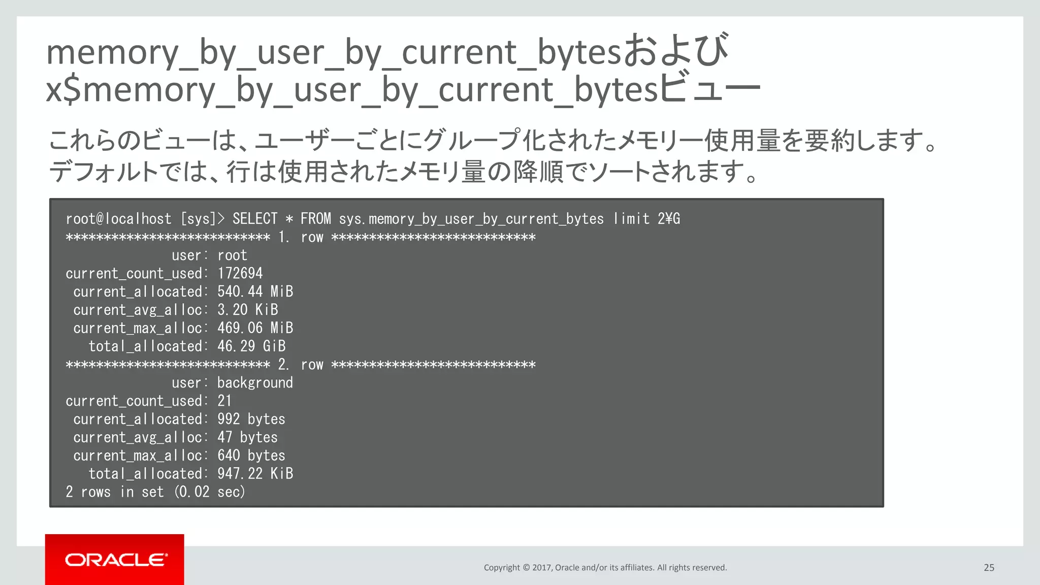 Copyright © 2017, Oracle and/or its affiliates. All rights reserved. 25
memory_by_user_by_current_bytesおよび
x$memory_by_user_by_current_bytesビュー
root@localhost [sys]> SELECT * FROM sys.memory_by_user_by_current_bytes limit 2¥G
*************************** 1. row ***************************
user: root
current_count_used: 172694
current_allocated: 540.44 MiB
current_avg_alloc: 3.20 KiB
current_max_alloc: 469.06 MiB
total_allocated: 46.29 GiB
*************************** 2. row ***************************
user: background
current_count_used: 21
current_allocated: 992 bytes
current_avg_alloc: 47 bytes
current_max_alloc: 640 bytes
total_allocated: 947.22 KiB
2 rows in set (0.02 sec)
これらのビューは、ユーザーごとにグループ化されたメモリー使用量を要約します。
デフォルトでは、行は使用されたメモリ量の降順でソートされます。
 
