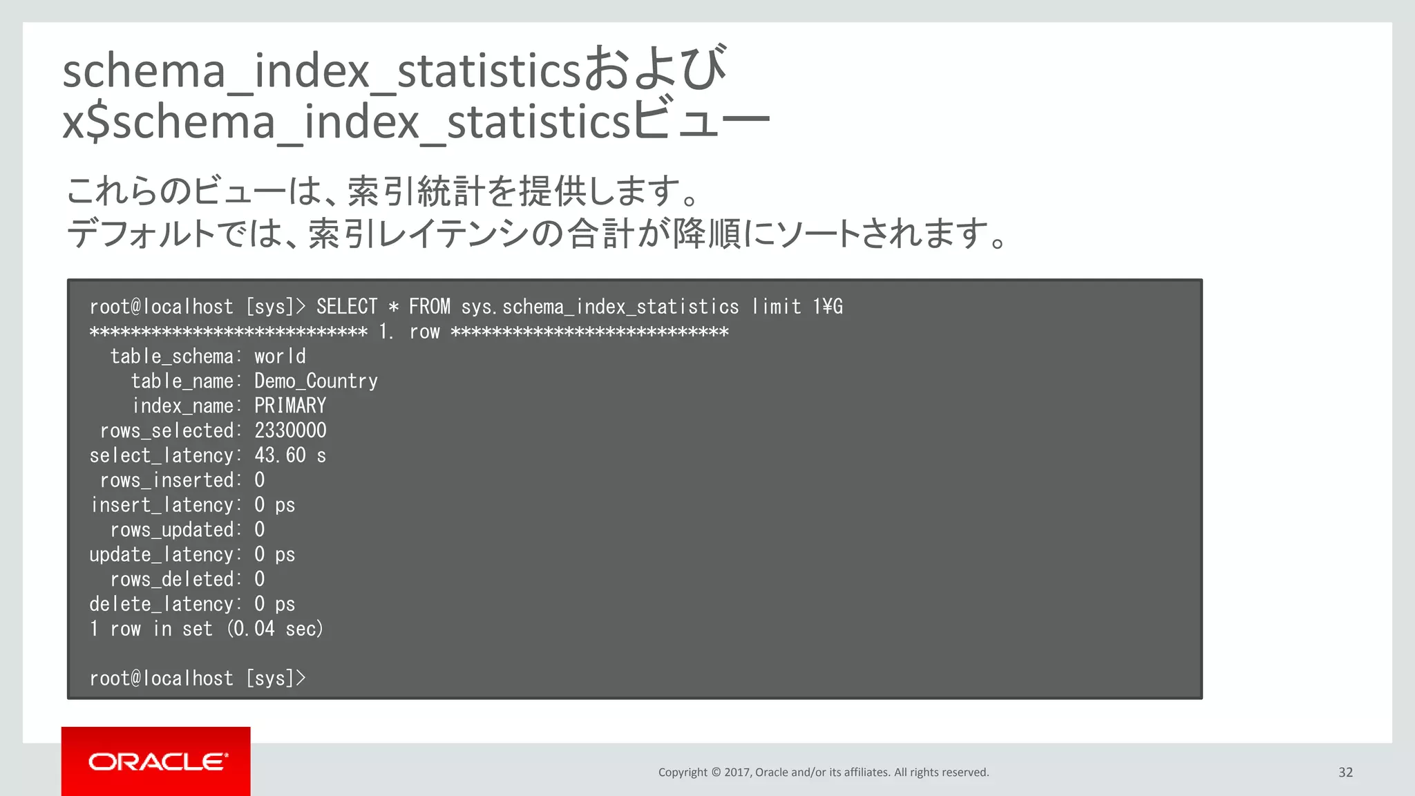 Copyright © 2017, Oracle and/or its affiliates. All rights reserved. 32
schema_index_statisticsおよび
x$schema_index_statisticsビュー
root@localhost [sys]> SELECT * FROM sys.schema_index_statistics limit 1¥G
*************************** 1. row ***************************
table_schema: world
table_name: Demo_Country
index_name: PRIMARY
rows_selected: 2330000
select_latency: 43.60 s
rows_inserted: 0
insert_latency: 0 ps
rows_updated: 0
update_latency: 0 ps
rows_deleted: 0
delete_latency: 0 ps
1 row in set (0.04 sec)
root@localhost [sys]>
これらのビューは、索引統計を提供します。
デフォルトでは、索引レイテンシの合計が降順にソートされます。
 