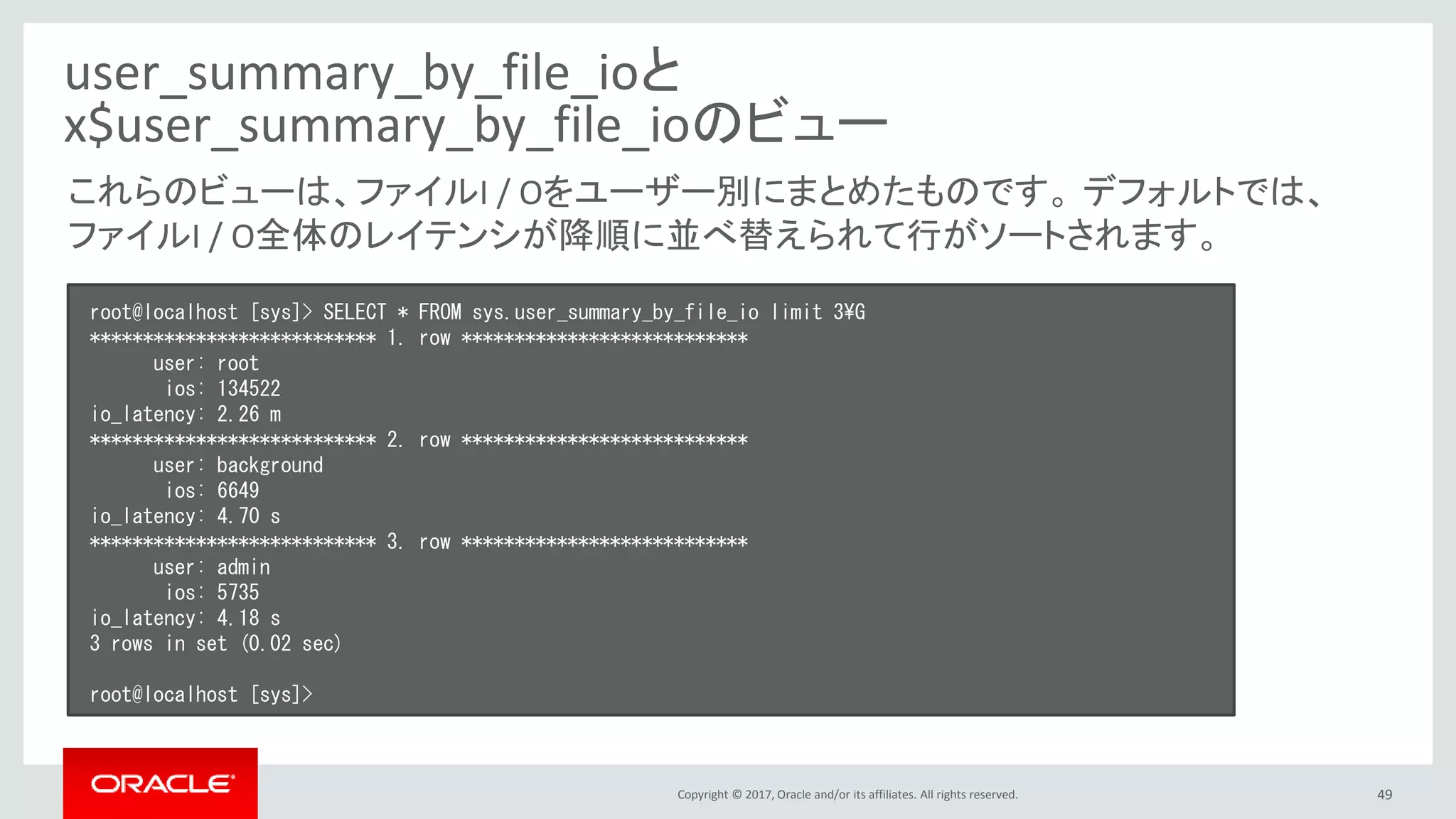 Copyright © 2017, Oracle and/or its affiliates. All rights reserved. 49
user_summary_by_file_ioと
x$user_summary_by_file_ioのビュー
root@localhost [sys]> SELECT * FROM sys.user_summary_by_file_io limit 3¥G
*************************** 1. row ***************************
user: root
ios: 134522
io_latency: 2.26 m
*************************** 2. row ***************************
user: background
ios: 6649
io_latency: 4.70 s
*************************** 3. row ***************************
user: admin
ios: 5735
io_latency: 4.18 s
3 rows in set (0.02 sec)
root@localhost [sys]>
これらのビューは、ファイルI / Oをユーザー別にまとめたものです。 デフォルトでは、
ファイルI / O全体のレイテンシが降順に並べ替えられて行がソートされます。
 