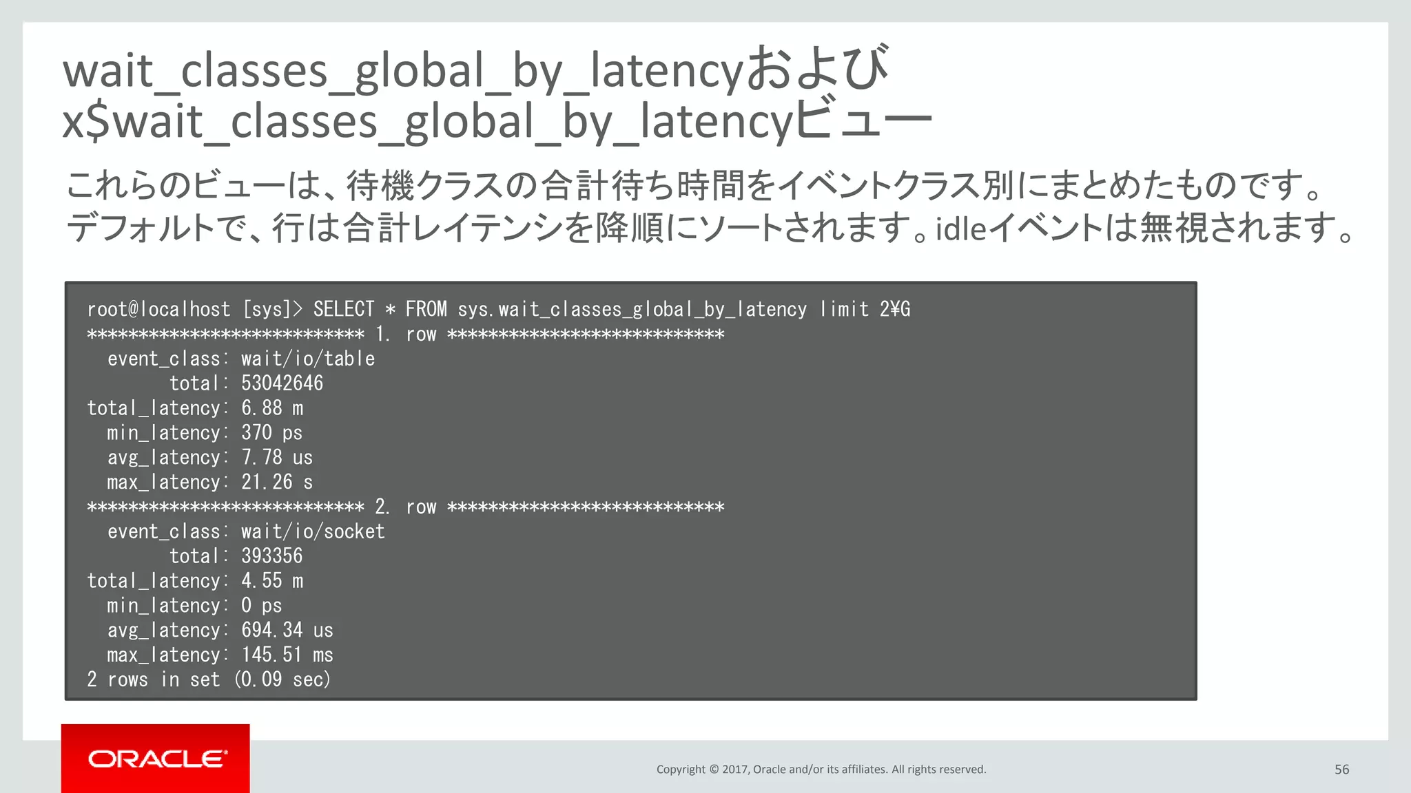 Copyright © 2017, Oracle and/or its affiliates. All rights reserved. 56
wait_classes_global_by_latencyおよび
x$wait_classes_global_by_latencyビュー
root@localhost [sys]> SELECT * FROM sys.wait_classes_global_by_latency limit 2¥G
*************************** 1. row ***************************
event_class: wait/io/table
total: 53042646
total_latency: 6.88 m
min_latency: 370 ps
avg_latency: 7.78 us
max_latency: 21.26 s
*************************** 2. row ***************************
event_class: wait/io/socket
total: 393356
total_latency: 4.55 m
min_latency: 0 ps
avg_latency: 694.34 us
max_latency: 145.51 ms
2 rows in set (0.09 sec)
これらのビューは、待機クラスの合計待ち時間をイベントクラス別にまとめたものです。
デフォルトで、行は合計レイテンシを降順にソートされます。idleイベントは無視されます。
 