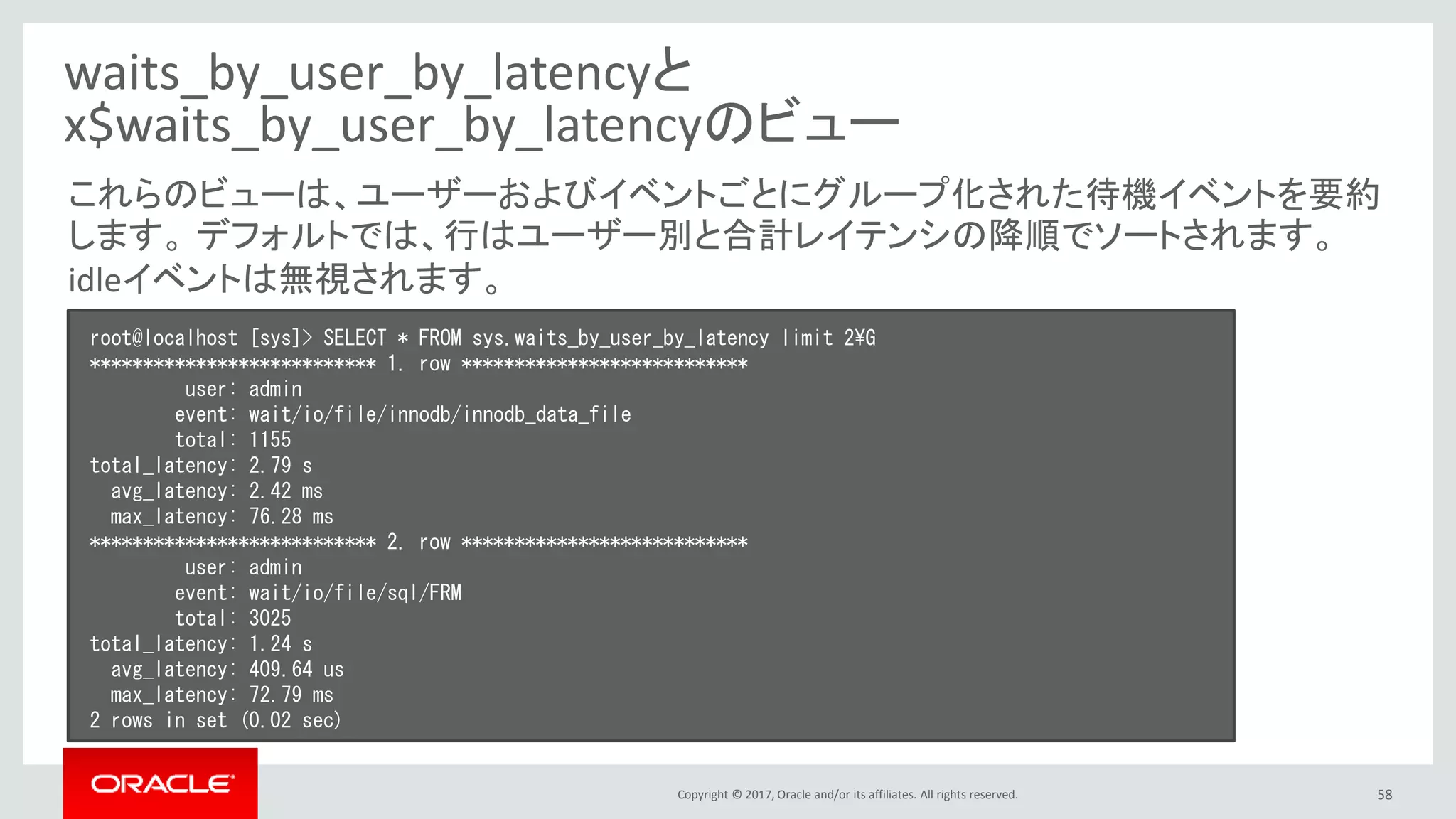 Copyright © 2017, Oracle and/or its affiliates. All rights reserved. 58
waits_by_user_by_latencyと
x$waits_by_user_by_latencyのビュー
root@localhost [sys]> SELECT * FROM sys.waits_by_user_by_latency limit 2¥G
*************************** 1. row ***************************
user: admin
event: wait/io/file/innodb/innodb_data_file
total: 1155
total_latency: 2.79 s
avg_latency: 2.42 ms
max_latency: 76.28 ms
*************************** 2. row ***************************
user: admin
event: wait/io/file/sql/FRM
total: 3025
total_latency: 1.24 s
avg_latency: 409.64 us
max_latency: 72.79 ms
2 rows in set (0.02 sec)
これらのビューは、ユーザーおよびイベントごとにグループ化された待機イベントを要約
します。 デフォルトでは、行はユーザー別と合計レイテンシの降順でソートされます。
idleイベントは無視されます。
 