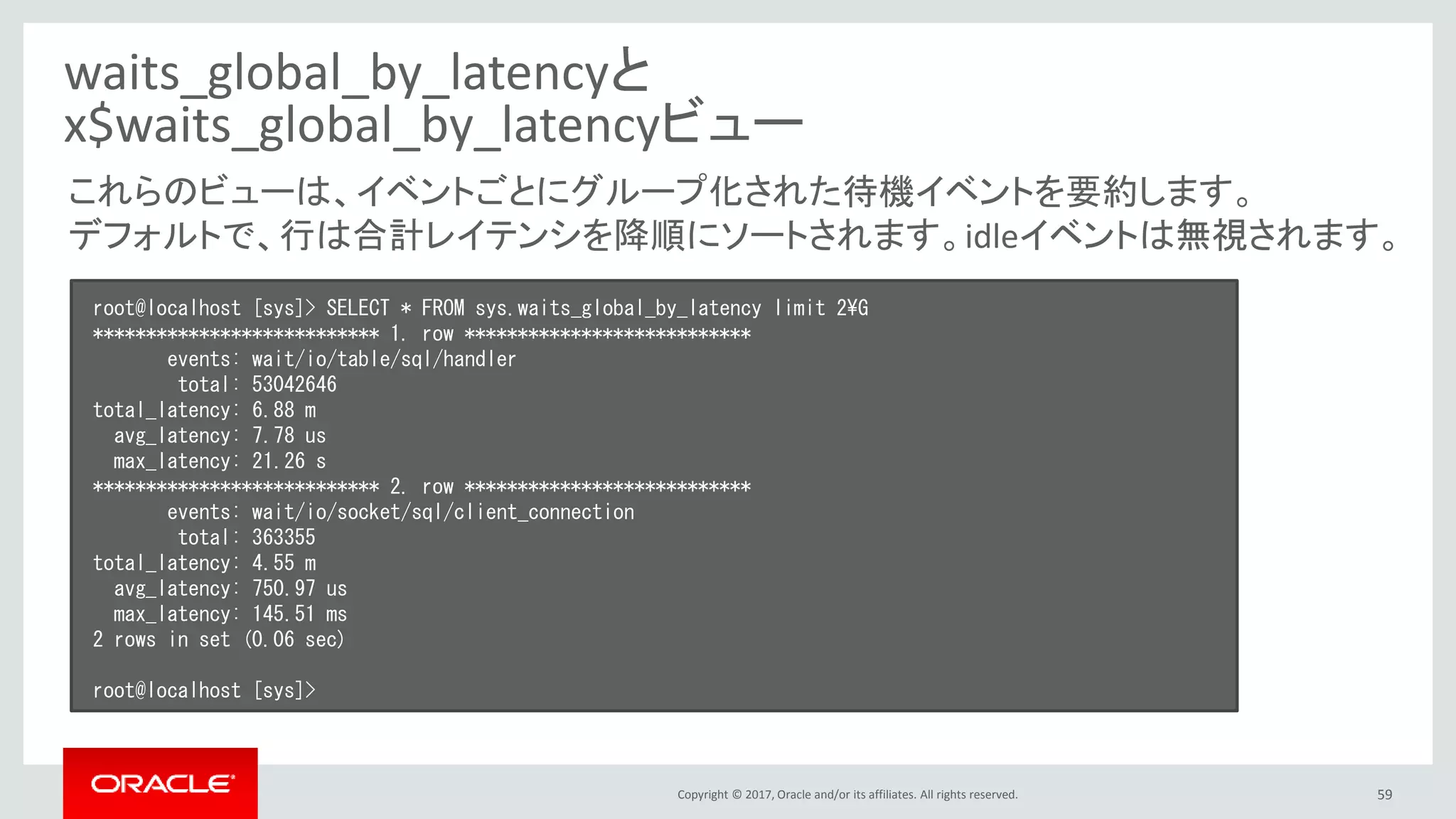 Copyright © 2017, Oracle and/or its affiliates. All rights reserved. 59
waits_global_by_latencyと
x$waits_global_by_latencyビュー
root@localhost [sys]> SELECT * FROM sys.waits_global_by_latency limit 2¥G
*************************** 1. row ***************************
events: wait/io/table/sql/handler
total: 53042646
total_latency: 6.88 m
avg_latency: 7.78 us
max_latency: 21.26 s
*************************** 2. row ***************************
events: wait/io/socket/sql/client_connection
total: 363355
total_latency: 4.55 m
avg_latency: 750.97 us
max_latency: 145.51 ms
2 rows in set (0.06 sec)
root@localhost [sys]>
これらのビューは、イベントごとにグループ化された待機イベントを要約します。
デフォルトで、行は合計レイテンシを降順にソートされます。idleイベントは無視されます。
 