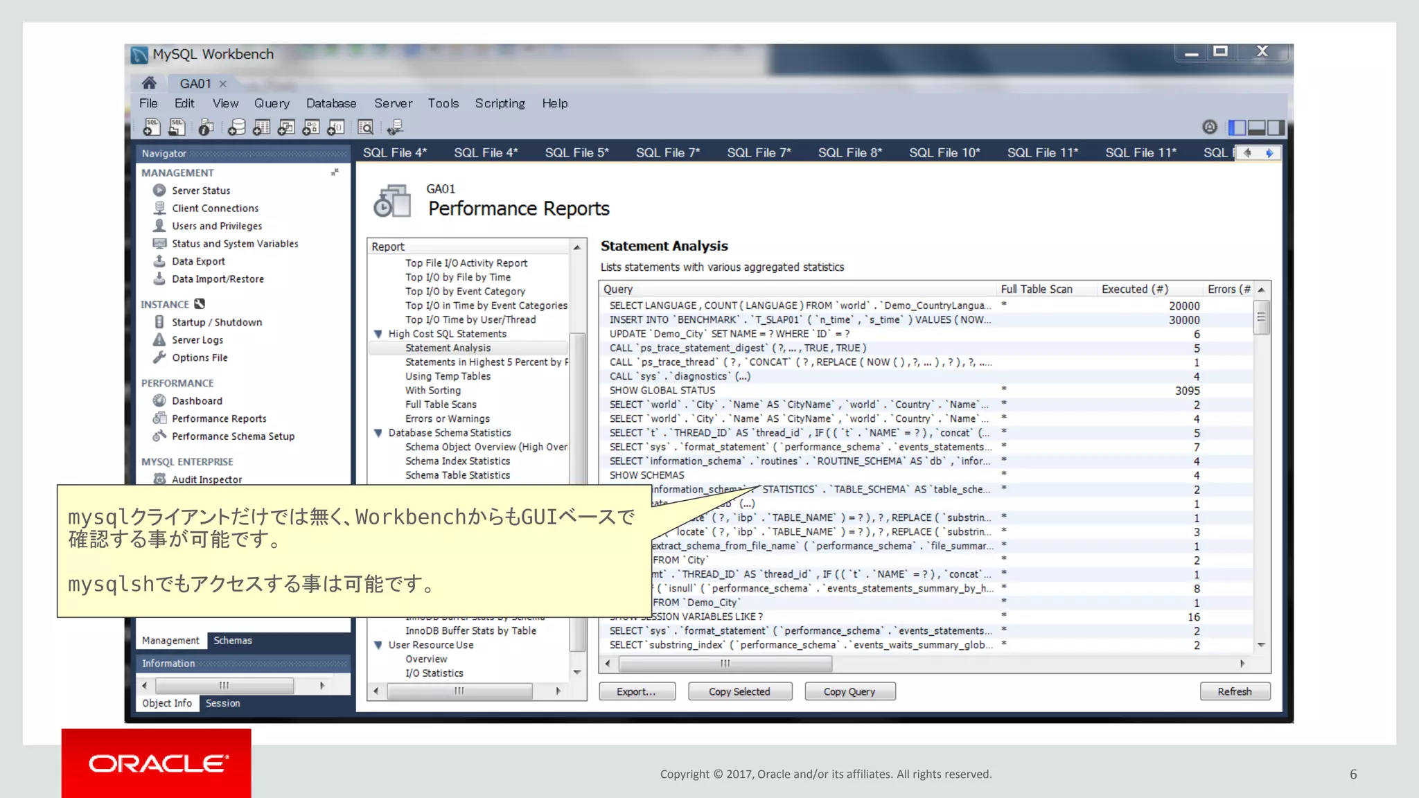 Copyright © 2017, Oracle and/or its affiliates. All rights reserved. 6
mysqlクライアントだけでは無く、WorkbenchからもGUIベースで
確認する事が可能です。
mysqlshでもアクセスする事は可能です。
 