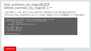 Copyright © 2017, Oracle and/or its affiliates. All rights reserved. 11
host_summary_by_stagesおよび
x$host_summary_by_stagesビュー
root@localhost [sys]> SELECT * FROM sys.host_summary_by_stages limit 1¥G
*************************** 1. row ***************************
host: background
event_name: stage/innodb/buffer pool load
total: 1
total_latency: 200.54 us
avg_latency: 200.54 us
1 row in set (0.01 sec)
root@localhost [sys]>
これらのビューは、ステートメントのステージをホストごとにまとめたものです。
デフォルトでは、行はホストごとにソートされ、合計レイテンシは降順にソートされます。
 