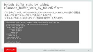 Copyright © 2017, Oracle and/or its affiliates. All rights reserved. 15
innodb_buffer_stats_by_tableと
x$innodb_buffer_stats_by_tableのビュー
root@localhost [sys]> SELECT * FROM sys.innodb_buffer_stats_by_table limit 1¥G
*************************** 1. row ***************************
object_schema: InnoDB System
object_name: SYS_TABLES
allocated: 3.14 MiB
data: 2.79 MiB
pages: 201
pages_hashed: 6
pages_old: 0
rows_cached: 9747
1 row in set (0.15 sec)
root@localhost [sys]>
これらのビューは、INFORMATION_SCHEMA INNODB_BUFFER_PAGE表の情報を
スキーマと表でグループ化して要約したものです。
デフォルトでは、行はバッファサイズの降順でソートされます。
 