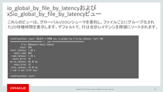 Copyright © 2017, Oracle and/or its affiliates. All rights reserved. 19
io_global_by_file_by_latencyおよび
x$io_global_by_file_by_latencyビュー
root@localhost [sys]> SELECT * FROM sys.io_global_by_file_by_latency limit 1¥G
*************************** 1. row ***************************
file: @@basedir/data/ibdata1
total: 500
total_latency: 1.50 s
count_read: 463
read_latency: 1.39 s
count_write: 18
write_latency: 95.42 ms
count_misc: 19
misc_latency: 16.43 ms
1 row in set (0.01 sec)
root@localhost [sys]>
これらのビューは、グローバルI/Oコンシューマを要約し、ファイルごとにグループ化され
たI/O待機時間を表示します。デフォルトで、行は合計レイテンシを降順にソートされます。
 