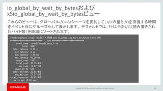 Copyright © 2017, Oracle and/or its affiliates. All rights reserved. 20
io_global_by_wait_by_bytesおよび
x$io_global_by_wait_by_bytesビュー
root@localhost [sys]> SELECT * FROM sys.io_global_by_wait_by_bytes limit 1¥G
*************************** 1. row ***************************
event_name: innodb/innodb_data_file
total: 3697
total_latency: 5.39 s
min_latency: 0 ps
avg_latency: 1.46 ms
max_latency: 93.00 ms
count_read: 1193
total_read: 20.76 MiB
avg_read: 17.82 KiB
count_write: 572
total_written: 20.88 MiB
avg_written: 37.37 KiB
total_requested: 41.63 MiB
1 row in set (0.01 sec)
これらのビューは、グローバルI/Oコンシューマを要約して、I/Oの量とI/Oを待機する時間
をイベント別にグループ化して表示します。 デフォルトでは、行は合計I/O（読み書きされ
たバイト数）を降順にソートされます。
 