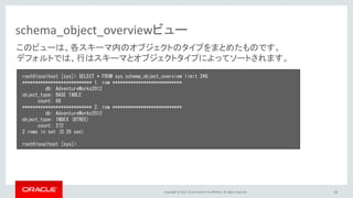 Copyright © 2017, Oracle and/or its affiliates. All rights reserved. 33
schema_object_overviewビュー
root@localhost [sys]> SELECT * FROM sys.schema_object_overview limit 2¥G
*************************** 1. row ***************************
db: AdventureWorks2012
object_type: BASE TABLE
count: 68
*************************** 2. row ***************************
db: AdventureWorks2012
object_type: INDEX (BTREE)
count: 272
2 rows in set (0.26 sec)
root@localhost [sys]>
このビューは、各スキーマ内のオブジェクトのタイプをまとめたものです。
デフォルトでは、行はスキーマとオブジェクトタイプによってソートされます。
 