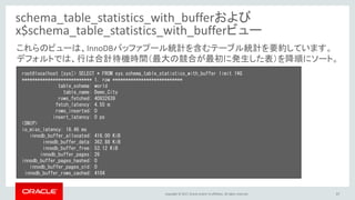 Copyright © 2017, Oracle and/or its affiliates. All rights reserved. 37
schema_table_statistics_with_bufferおよび
x$schema_table_statistics_with_bufferビュー
root@localhost [sys]> SELECT * FROM sys.schema_table_statistics_with_buffer limit 1¥G
*************************** 1. row ***************************
table_schema: world
table_name: Demo_City
rows_fetched: 40832639
fetch_latency: 4.55 m
rows_inserted: 0
insert_latency: 0 ps
<SNIP>
io_misc_latency: 16.46 ms
innodb_buffer_allocated: 416.00 KiB
innodb_buffer_data: 362.88 KiB
innodb_buffer_free: 53.12 KiB
innodb_buffer_pages: 26
innodb_buffer_pages_hashed: 0
innodb_buffer_pages_old: 0
innodb_buffer_rows_cached: 4104
これらのビューは、InnoDBバッファプール統計を含むテーブル統計を要約しています。
デフォルトでは、行は合計待機時間（最大の競合が最初に発生した表）を降順にソート。
 