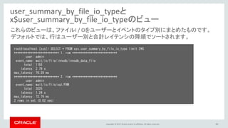 Copyright © 2017, Oracle and/or its affiliates. All rights reserved. 50
user_summary_by_file_io_typeと
x$user_summary_by_file_io_typeのビュー
root@localhost [sys]> SELECT * FROM sys.user_summary_by_file_io_type limit 2¥G
*************************** 1. row ***************************
user: admin
event_name: wait/io/file/innodb/innodb_data_file
total: 1155
latency: 2.79 s
max_latency: 76.28 ms
*************************** 2. row ***************************
user: admin
event_name: wait/io/file/sql/FRM
total: 3025
latency: 1.24 s
max_latency: 72.79 ms
2 rows in set (0.02 sec)
これらのビューは、ファイルI / Oをユーザーとイベントのタイプ別にまとめたものです。
デフォルトでは、行はユーザー別と合計レイテンシの降順でソートされます。
 