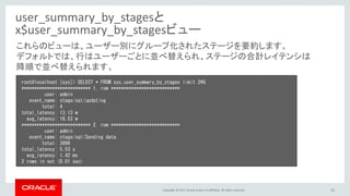 Copyright © 2017, Oracle and/or its affiliates. All rights reserved. 51
user_summary_by_stagesと
x$user_summary_by_stagesビュー
root@localhost [sys]> SELECT * FROM sys.user_summary_by_stages limit 2¥G
*************************** 1. row ***************************
user: admin
event_name: stage/sql/updating
total: 4
total_latency: 13.13 w
avg_latency: 18.53 w
*************************** 2. row ***************************
user: admin
event_name: stage/sql/Sending data
total: 3898
total_latency: 5.53 s
avg_latency: 1.42 ms
2 rows in set (0.01 sec)
これらのビューは、ユーザー別にグループ化されたステージを要約します。
デフォルトでは、行はユーザーごとに並べ替えられ、ステージの合計レイテンシは
降順で並べ替えられます。
 