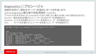 Copyright © 2017, Oracle and/or its affiliates. All rights reserved. 62
diagnostics（）プロシージャ
[admin@GA01 ~]$ mysql -u root -ppassword -e "CALL sys.diagnostics(10,5,'current')“
<SNIP>
Delta host_summary_by_stages
host event_name total total_latency avg_latency
192.168.56.1 stage/sql/Sending data 4 5.85 ms 1.46 ms
192.168.56.1 stage/sql/freeing items 2 1.96 ms 981.06 us
192.168.56.1 stage/sql/starting 4 745.09 us 186.27 us
192.168.56.1 stage/sql/init 2 261.54 us 130.77 us
192.168.56.1 stage/sql/Opening tables 2 58.09 us 29.04 us
192.168.56.1 stage/sql/query end 2 53.44 us 26.72 us
<SNIP>
診断の目的で、現在のサーバー状態のレポートを作成します。
call sys.diagnostics(最大実行時間,間隔秒 ,'current')
デフォルトはそれぞれ60, 30, currentとなっており,30秒ごとに最大で60秒,つまり2回の出力を行う。
#current: 現在有効な計器とコンシューマーからのみデータの採取を行う
#medium: いくつかの計器とコンシューマーを有効にして、データの採取を行う
#full: すべての計器とコンシューマーを有効にして、データの採取を行う
 
