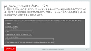 Copyright © 2017, Oracle and/or its affiliates. All rights reserved. 64
ps_trace_thread（）プロシージャ
root@localhost [sys]> CALL ps_trace_thread(25, CONCAT('/usr/local/mysql/mysql-files/stack-', REPLACE(NOW(), ' ', '-'), '.dot'), NULL, NULL, TRUE, TRUE, TRUE);
+--------------------+
| summary |
+--------------------+
| Disabled 0 threads |
+--------------------+
1 row in set (0.01 sec)
+---------------------------------------------+
| Info |
+---------------------------------------------+
| Data collection starting for THREAD_ID = 25 |
+---------------------------------------------+
1 row in set (0.03 sec)
+-----------------------------------------------------------------------------------+
| Info |
+-----------------------------------------------------------------------------------+
| Stack trace written to /usr/local/mysql/mysql-files/stack-2018-03-09-16:32:17.dot |
+-----------------------------------------------------------------------------------+
計測されたスレッドのすべてのパフォーマンススキーマデータをDOT形式のグラフファイ
ル（DOTグラフ記述言語用）にダンプします。 プロシージャから返される各結果セットは、
完全なグラフに使用する必要があります。
 