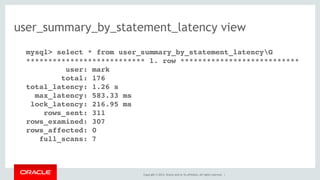 Copyright © 2014, Oracle and/or its affiliates. All rights reserved. |
user_summary_by_statement_latency view
mysql> select * from user_summary_by_statement_latencyG
*************************** 1. row ***************************
user: mark
total: 176
total_latency: 1.26 s
max_latency: 583.33 ms
lock_latency: 216.95 ms
rows_sent: 311
rows_examined: 307
rows_affected: 0
full_scans: 7
 
