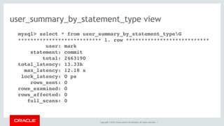 Copyright © 2014, Oracle and/or its affiliates. All rights reserved. |
user_summary_by_statement_type view
mysql> select * from user_summary_by_statement_typeG
*************************** 1. row ***************************
user: mark
statement: commit
total: 2463190
total_latency: 13.33h
max_latency: 12.18 s
lock_latency: 0 ps
rows_sent: 0
rows_examined: 0
rows_affected: 0
full_scans: 0
 