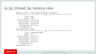 Copyright © 2014, Oracle and/or its affiliates. All rights reserved. |
io_by_thread_by_latency view
mysql> select * from io_by_thread_by_latencyG
*************************** 1. row ***************************
user: main
total: 1193
total_latency: 136.45 ms
min_latency: 731.38 ns
avg_latency: 269.99 us
max_latency: 20.72 ms
thread_id: 1
processlist_id: NULL
*************************** 2. row ***************************
user: root@localhost
total: 533
total_latency: 53.81 ms
min_latency: 780.39 ns
avg_latency: 8.41 ms
max_latency: 25.06 ms
thread_id: 23
processlist_id: 4
 