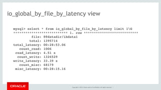 Copyright © 2014, Oracle and/or its affiliates. All rights reserved. |
io_global_by_file_by_latency view
mysql> select * from io_global_by_file_by_latency limit 1G
*************************** 1. row ***************************
file: @@datadir/ibdata1
total: 1395714
total_latency: 00:28:53.06
count_read: 1006
read_latency: 4.51 s
count_write: 1326529
write_latency: 33.39 s
count_misc: 68179
misc_latency: 00:28:15.16
 