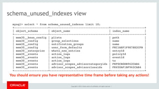 Copyright © 2014, Oracle and/or its affiliates. All rights reserved. |
schema_unused_indexes view
mysql> select * from schema_unused_indexes limit 10;
+--------------------+-----------------------------------+--------------------+
| object_schema | object_name | index_name |
+--------------------+-----------------------------------+--------------------+
| mem30__bean_config | plists | path |
| mem30__config | group_selections | name |
| mem30__config | notification_groups | name |
| mem30__config | user_form_defaults | FKC1AEF1F9E7EE2CFB |
| mem30__enterprise | whats_new_entries | entryId |
| mem30__events | action_logs | policyId |
| mem30__events | action_logs | eventId |
| mem30__events | action_logs | ts |
| mem30__events | advisor_scopes_advisorcategoryids | FKF0CB0DB962CAB4 |
| mem30__events | advisor_scopes_advisorclassids | FK650AF1BF962CAB4 |
+--------------------+-----------------------------------+--------------------+
You should ensure you have representative time frame before taking any actions!
 