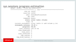 Copyright © 2014, Oracle and/or its affiliates. All rights reserved. |
sys.sessions progress estimationmysql> select * from sys.sessionsG
*************************** 1. row ***************************
thd_id: 44524
conn_id: 44502
user: msandbox@localhost
db: test
command: Query
state: alter table (flush)
time: 18
current_statement: alter table t1 add column g int
statement_latency: 18.45 s
progress: 98.84
lock_latency: 265.43 ms
rows_examined: 0
rows_sent: 0
rows_affected: 0
tmp_tables: 0
tmp_disk_tables: 0
...
 