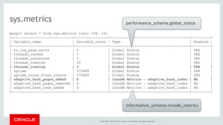 Copyright © 2014, Oracle and/or its affiliates. All rights reserved. |
sys.metrics
mysql> select * from sys.metrics limit 199, 10;
+-----------------------------+----------------+--------------------------------------+---------+
| Variable_name | Variable_value | Type | Enabled |
+-----------------------------+----------------+--------------------------------------+---------+
| tc_log_page_waits | 0 | Global Status | YES |
| threads_cached | 7 | Global Status | YES |
| threads_connected | 3 | Global Status | YES |
| threads_created | 10 | Global Status | YES |
| threads_running | 3 | Global Status | YES |
| uptime | 275689 | Global Status | YES |
| uptime_since_flush_status | 275689 | Global Status | YES |
| adaptive_hash_pages_added | 0 | InnoDB Metrics - adaptive_hash_index | NO |
| adaptive_hash_pages_removed | 0 | InnoDB Metrics - adaptive_hash_index | NO |
| adaptive_hash_rows_added | 0 | InnoDB Metrics - adaptive_hash_index | NO |
+-----------------------------+----------------+--------------------------------------+---------+
performance_schema.global_status
information_schema.innodb_metrics
 