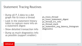 Copyright © 2014, Oracle and/or its affiliates. All rights reserved. |
• Dump all P_S data to a dot
graph file to trace a thread
• Look in the statement history
table to capture more info on
a statement digest
• Show detailed transaction info
• Dump as much diagnostics info
as possible (support enabler)
50
Statement Tracing Routines
ps_trace_thread
ps_trace_statement_digest
ps_thread_trx_info
ps_thread_stack
ps_statement_avg_latency_histogram
diagnostics
 