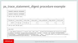 Copyright © 2014, Oracle and/or its affiliates. All rights reserved. |
ps_trace_statement_digest procedure example
+---------------------------+
| LONGEST RUNNING STATEMENT |
+---------------------------+
| LONGEST RUNNING STATEMENT |
+---------------------------+
1 row in set (59.95 sec)
+-----------+-----------+-----------+-----------+---------------+------------+-----------+
| thread_id | exec_time | lock_time | rows_sent | rows_examined | tmp_tables | full_scan |
+-----------+-----------+-----------+-----------+---------------+------------+-----------+
| 23277 | 77.64 ms | 97.00 us | 2 | 0 | 0 | 0 |
+-----------+-----------+-----------+-----------+---------------+------------+-----------+
1 row in set (59.95 sec)
+-------------------------------------------------------------------------------------------+
| sql_text |
+-------------------------------------------------------------------------------------------+
| /* mem dbpool.default */ insert into `mem__quan`.`normalized_statements_by_server_by_schema`
(firstSeen, lastSeen, normalized_statement_id, `schema`, server, id) values (1378983745000,
1378998600000, x'808ACEB88FC4B45BC47C4FE9D86C7F26', 'mem', '753c939e-1b99-11e3-b6d4-bc761a1f4f2f',
x'7CFE81F98B1E3FE0895D1AA2C39B326D') ON DUPLICATE KEY UPDATE ...
+-------------------------------------------------------------------------------------------+
...
 