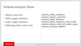 Copyright © 2014, Oracle and/or its affiliates. All rights reserved. |
• Object overview
• Table usage statistics
• Index ...