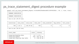 Copyright © 2014, Oracle and/or its affiliates. All rights reserved. |
ps_trace_statement_digest procedure example
mysql> ...