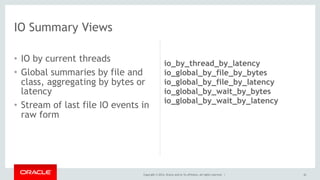 Copyright © 2014, Oracle and/or its affiliates. All rights reserved. |
• IO by current threads
• Global summaries by file ...