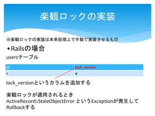 Id lock_version
1 0
SQåΌgװ
?RailsΈ
usersƩ`֥
lock_versionȤ׷Ӥ
SQåmäȤ
ActiveRecord::StaleObjectError ȤExceptionk
Rollback
SQåΌgװϱIϤքӤǌgװ
 