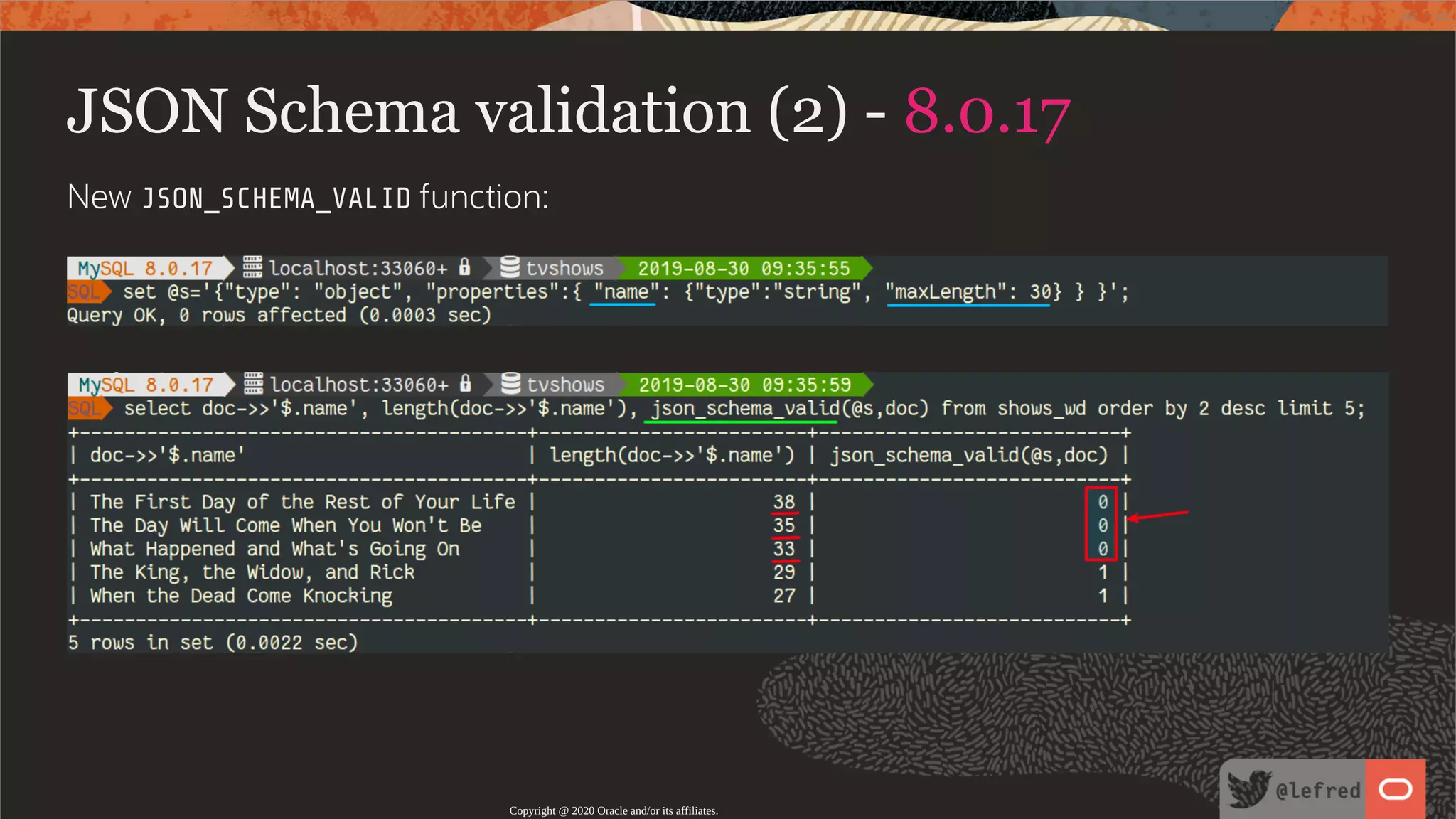 JSON Schema validation (2) - 8.0.17 New JSON_SCHEMA_VALID function: Copyright @ 2020 Oracle and/or its affiliates. 103 / 122 