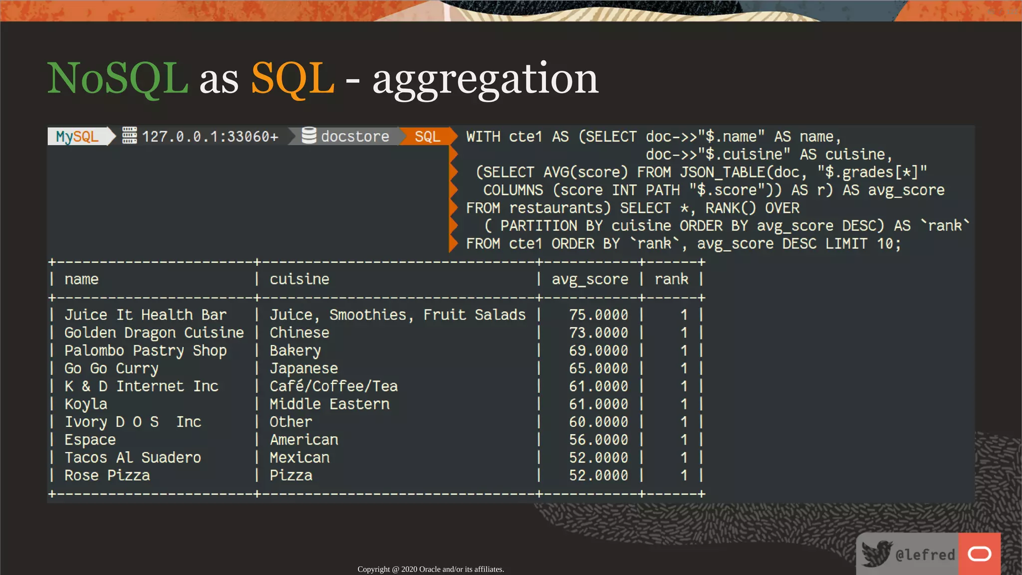 NoSQL as SQL - aggregation Copyright @ 2020 Oracle and/or its affiliates. 65 / 122 