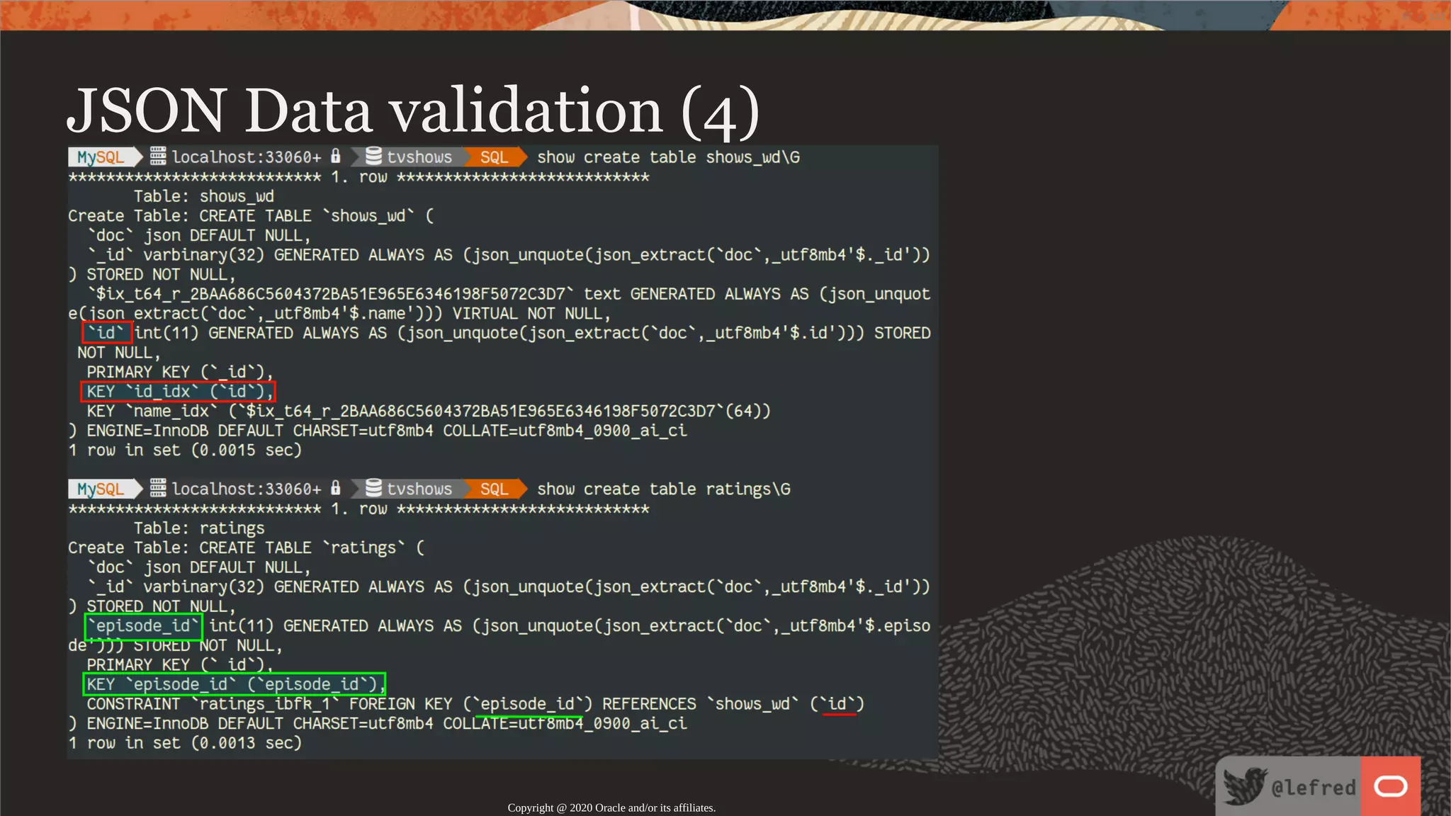 JSON Data validation (4) Copyright @ 2020 Oracle and/or its affiliates. 97 / 122 