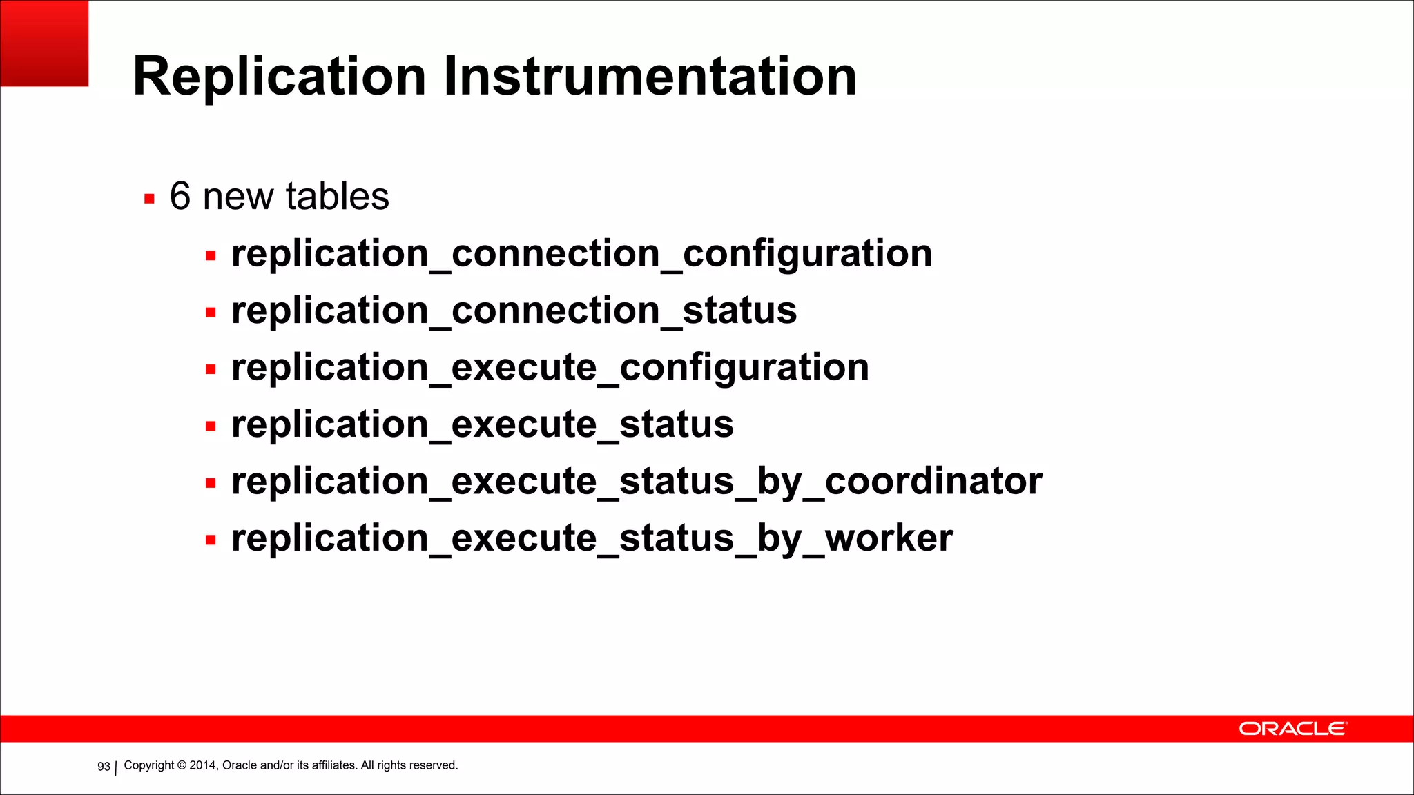 Copyright © 2014, Oracle and/or its affiliates. All rights reserved.!93
Replication Instrumentation
▪ 6 new tables
▪ replication_connection_configuration
▪ replication_connection_status
▪ replication_execute_configuration
▪ replication_execute_status
▪ replication_execute_status_by_coordinator
▪ replication_execute_status_by_worker
 