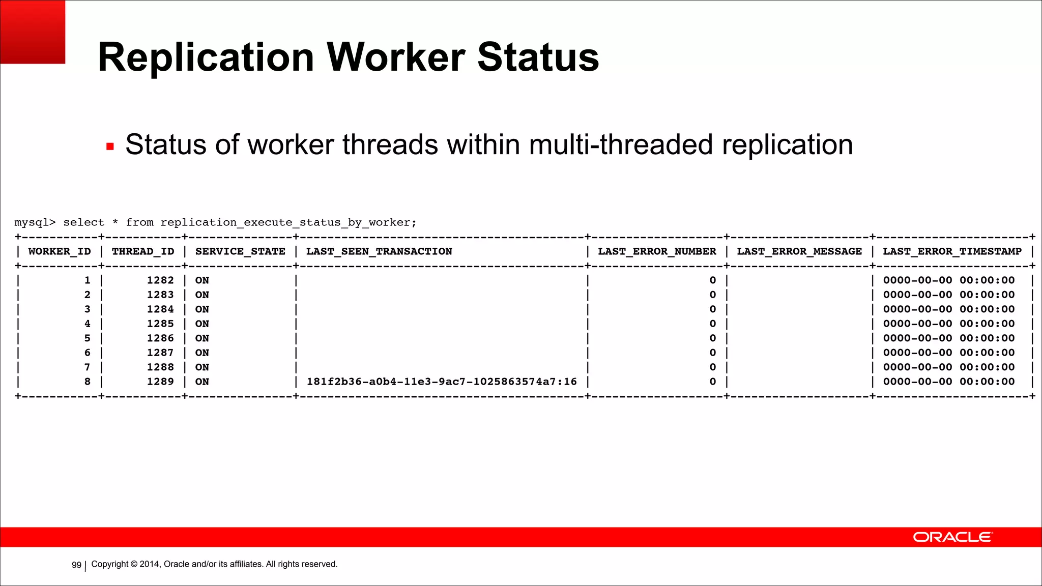 Copyright © 2014, Oracle and/or its affiliates. All rights reserved.!99
Replication Worker Status
mysql> select * from replication_execute_status_by_worker;!
+-----------+-----------+---------------+-----------------------------------------+-------------------+--------------------+----------------------+!
| WORKER_ID | THREAD_ID | SERVICE_STATE | LAST_SEEN_TRANSACTION | LAST_ERROR_NUMBER | LAST_ERROR_MESSAGE | LAST_ERROR_TIMESTAMP |!
+-----------+-----------+---------------+-----------------------------------------+-------------------+--------------------+----------------------+!
| 1 | 1282 | ON | | 0 | | 0000-00-00 00:00:00 |!
| 2 | 1283 | ON | | 0 | | 0000-00-00 00:00:00 |!
| 3 | 1284 | ON | | 0 | | 0000-00-00 00:00:00 |!
| 4 | 1285 | ON | | 0 | | 0000-00-00 00:00:00 |!
| 5 | 1286 | ON | | 0 | | 0000-00-00 00:00:00 |!
| 6 | 1287 | ON | | 0 | | 0000-00-00 00:00:00 |!
| 7 | 1288 | ON | | 0 | | 0000-00-00 00:00:00 |!
| 8 | 1289 | ON | 181f2b36-a0b4-11e3-9ac7-1025863574a7:16 | 0 | | 0000-00-00 00:00:00 |!
+-----------+-----------+---------------+-----------------------------------------+-------------------+--------------------+----------------------+
▪ Status of worker threads within multi-threaded replication
 