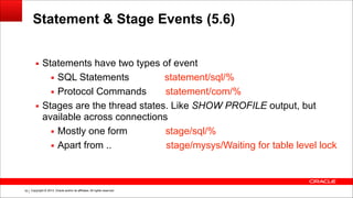 Copyright © 2014, Oracle and/or its affiliates. All rights reserved.!16
Statement & Stage Events (5.6)
!
▪ Statements have two types of event
▪ SQL Statements statement/sql/%
▪ Protocol Commands statement/com/%
▪ Stages are the thread states. Like SHOW PROFILE output, but
available across connections
▪ Mostly one form stage/sql/%
▪ Apart from .. stage/mysys/Waiting for table level lock
 