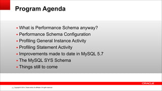 Copyright © 2014, Oracle and/or its affiliates. All rights reserved.!3
Program Agenda
▪ What is Performance Schema anyway?
▪ Performance Schema Configuration
▪ Profiling General Instance Activity
▪ Profiling Statement Activity
▪ Improvements made to date in MySQL 5.7
▪ The MySQL SYS Schema
▪ Things still to come
 