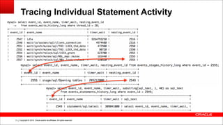 Copyright © 2014, Oracle and/or its affiliates. All rights reserved.!71
Tracing Individual Statement Activity
 