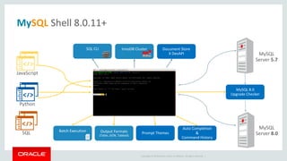 Copyright © 2019 Oracle and/or its affiliates. All rights reserved. |
MySQL Shell 8.0.11+
MySQL
Server 5.7
MySQL 8.0
Upgrade Checker
Prompt Themes
Auto Completion
&
Command History
MySQL
Server 8.0
Document Store
X DevAPI
InnoDB ClusterSQL CLI
Output Formats
(Table, JSON, Tabbed)
Batch Execution
JavaScript
Python
SQL
 